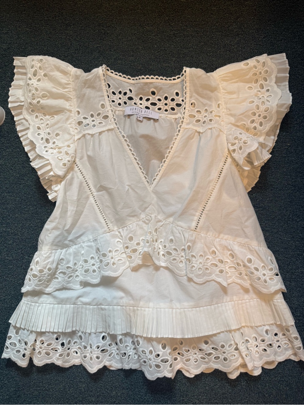 HUNTER BELL Carlton White Eyelet Ruffle V-Neck Blouse